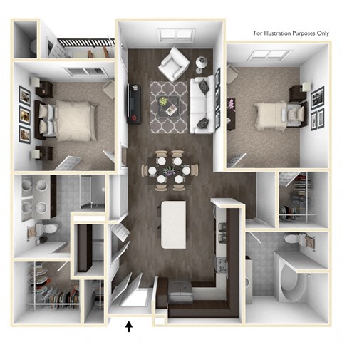 Floor plan for 2 beds, 2 baths, 1135 sqft